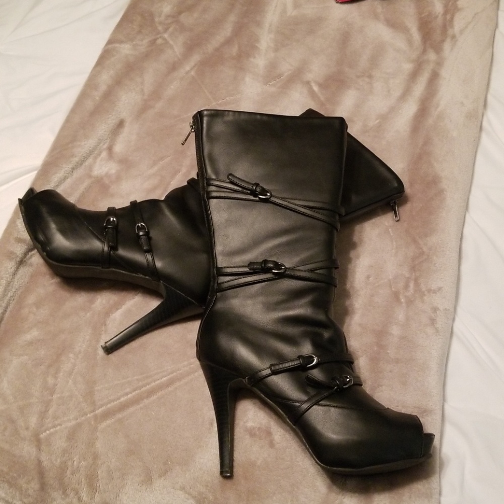 Black Leather Peep-toe Mid-calf Boots